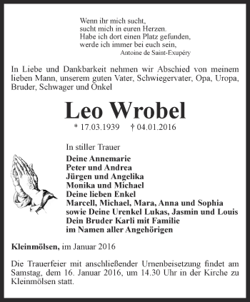 Traueranzeige von Leo Wrobel von Thüringer Allgemeine, Thüringische Landeszeitung