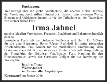 Traueranzeige von Irma Jahnel von Thüringer Allgemeine