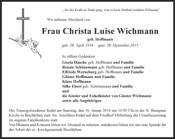 Traueranzeige von Christa Luise Wichmann von Thüringer Allgemeine, Thüringische Landeszeitung