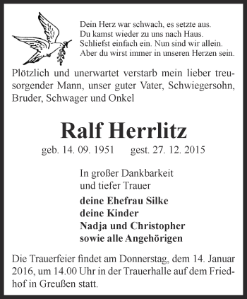 Traueranzeige von Ralf Herrlitz von Thüringer Allgemeine