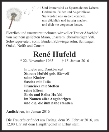 Traueranzeige von René Hufeld von Thüringer Allgemeine, Thüringische Landeszeitung