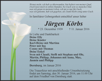Traueranzeige von Jürgen Körbs von Ostthüringer Zeitung, Thüringische Landeszeitung
