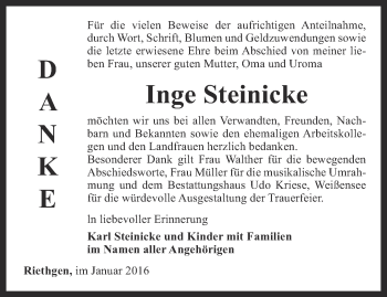 Traueranzeige von Inge Steinicke von Thüringer Allgemeine