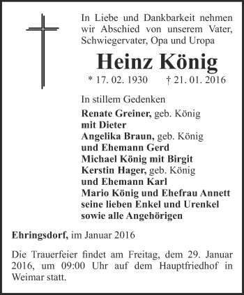 Traueranzeige von Heinz König von Thüringer Allgemeine, Thüringische Landeszeitung