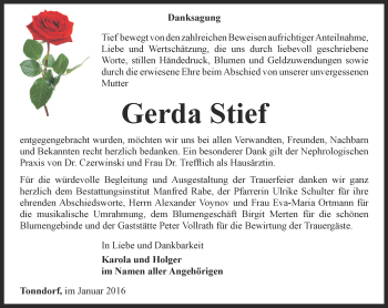 Traueranzeige von Gerda Stief von Thüringer Allgemeine, Thüringische Landeszeitung