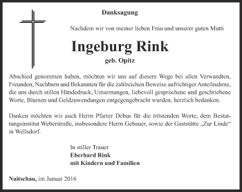 Traueranzeige von Ingeburg Rink von Ostthüringer Zeitung