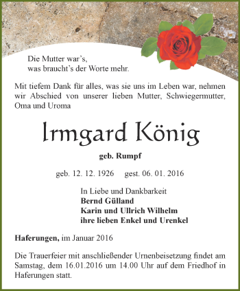 Traueranzeige von Irmgard König von Thüringer Allgemeine