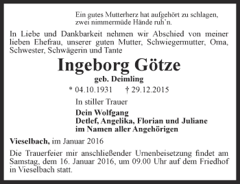 Traueranzeige von Ingeborg Götze von Thüringer Allgemeine, Thüringische Landeszeitung