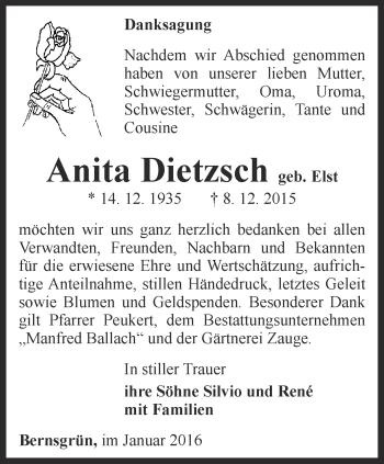 Traueranzeige von Anita Dietzsch von Ostthüringer Zeitung