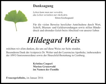 Traueranzeige von Hildegard Weis von Ostthüringer Zeitung, Thüringische Landeszeitung