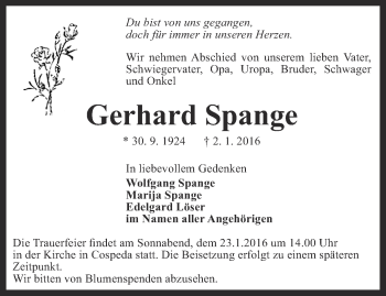 Traueranzeige von Gerhard Spange von Ostthüringer Zeitung, Thüringische Landeszeitung