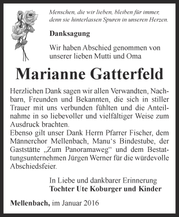 Traueranzeige von Marianne Gatterfeld von Ostthüringer Zeitung