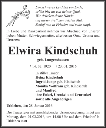 Traueranzeige von Elwira Kindschuh von Thüringer Allgemeine