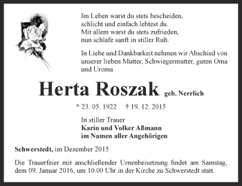 Traueranzeige von Herta Roszak von Thüringer Allgemeine, Thüringische Landeszeitung
