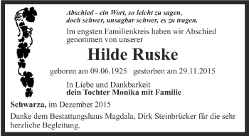 Traueranzeige von Hilde Ruske von Thüringer Allgemeine, Thüringische Landeszeitung
