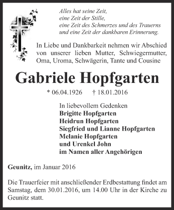 Traueranzeige von Gabriele Hopfgarten von Ostthüringer Zeitung, Thüringische Landeszeitung