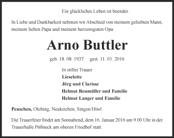 Traueranzeige von Arno Buttler von Ostthüringer Zeitung