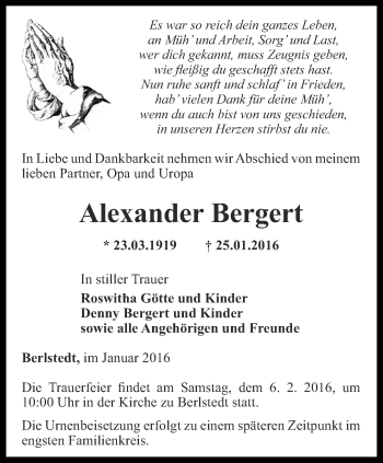 Traueranzeige von Alexander Bergert von Thüringer Allgemeine, Thüringische Landeszeitung