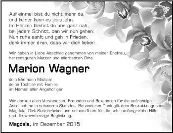 Traueranzeige von Marion Wagner von Thüringer Allgemeine, Thüringische Landeszeitung