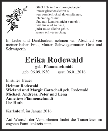 Traueranzeige von Erika Rodewald von Ostthüringer Zeitung