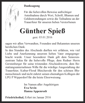 Traueranzeige von Günther Spieß von Thüringer Allgemeine