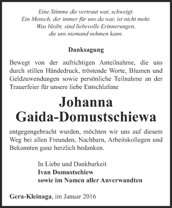 Traueranzeige von Johanna Gaida-Domustschiewa von Ostthüringer Zeitung