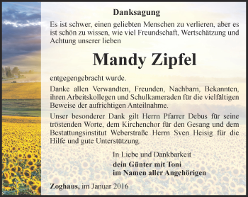 Traueranzeige von Mandy Zipfel von Ostthüringer Zeitung