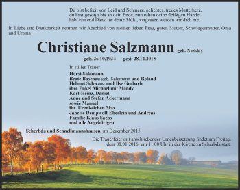 Traueranzeige von Christiane Salzmann von Thüringer Allgemeine, Thüringische Landeszeitung