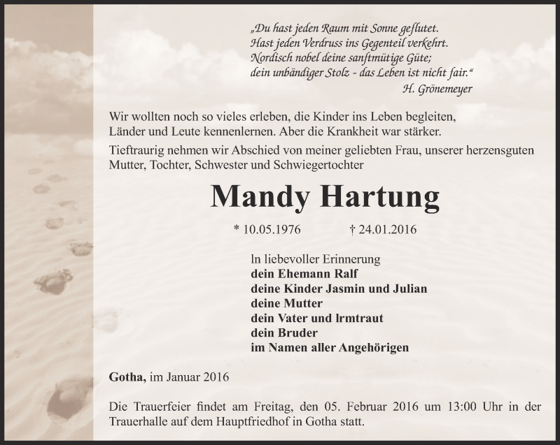  Traueranzeige für Mandy Hartung vom 29.01.2016 aus Ostthüringer Zeitung, Thüringische Landeszeitung