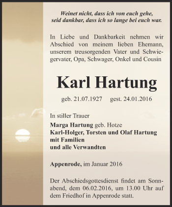 Traueranzeige von Karl Hartung von Thüringer Allgemeine