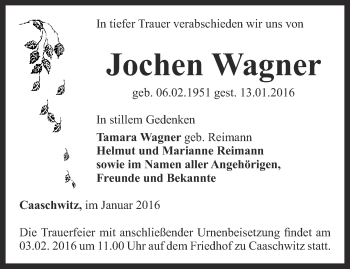 Traueranzeige von Jochen Wagner von Ostthüringer Zeitung