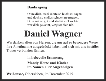 Traueranzeige von Daniel Wagner von Thüringer Allgemeine