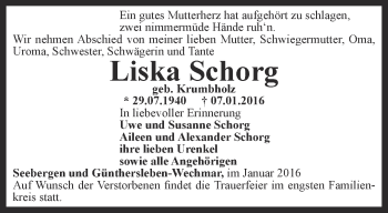 Traueranzeige von Liska Schorg von Ostthüringer Zeitung, Thüringische Landeszeitung