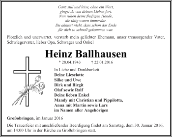 Traueranzeige von Heinz Ballhausen von Thüringer Allgemeine, Thüringische Landeszeitung