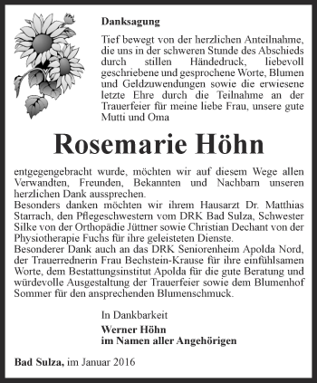 Traueranzeige von Rosemarie Höhn von Thüringer Allgemeine, Thüringische Landeszeitung