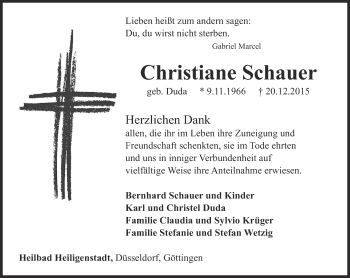 Traueranzeige von Christiane Schauer von Thüringer Allgemeine