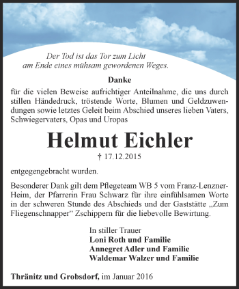 Traueranzeige von Helmut Eichler von Ostthüringer Zeitung