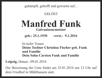 Traueranzeige von Manfred Funk von Thüringer Allgemeine, Thüringische Landeszeitung