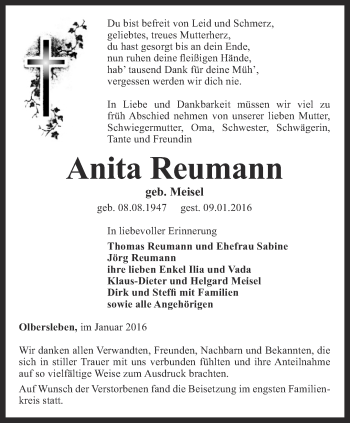 Traueranzeige von Anita  Reumann von Thüringer Allgemeine