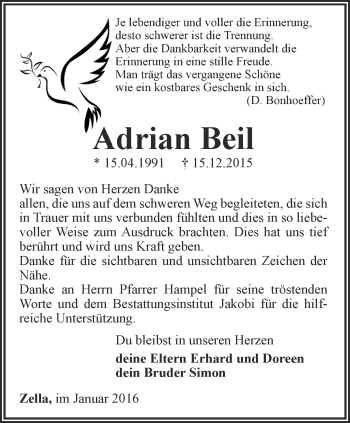 Traueranzeige von Adrian Beil von Thüringer Allgemeine, Thüringische Landeszeitung
