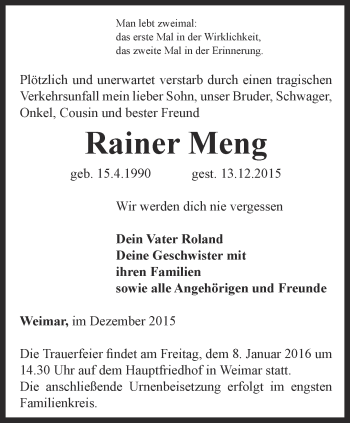 Traueranzeige von Rainer Meng von Thüringer Allgemeine, Thüringische Landeszeitung