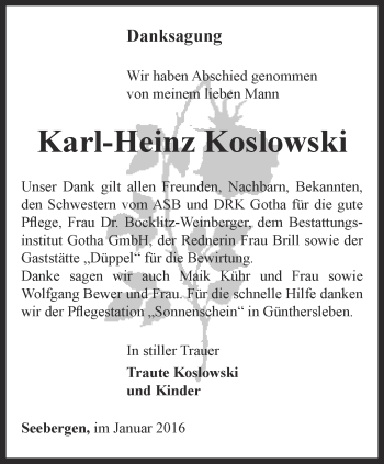 Traueranzeige von Karl-Heinz Koslowski von Ostthüringer Zeitung, Thüringische Landeszeitung