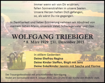 Traueranzeige von Wolfgang Triebiger von Ostthüringer Zeitung