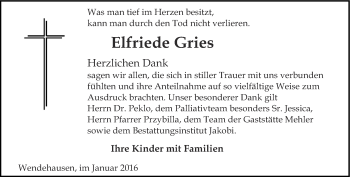 Traueranzeige von Elfriede Gries von Thüringer Allgemeine, Thüringische Landeszeitung