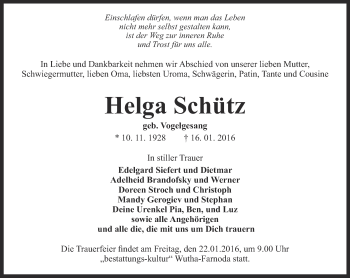 Traueranzeige von Helga Schütz von Thüringer Allgemeine, Thüringische Landeszeitung