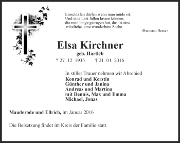 Traueranzeige von Elsa Kirchner von Thüringer Allgemeine