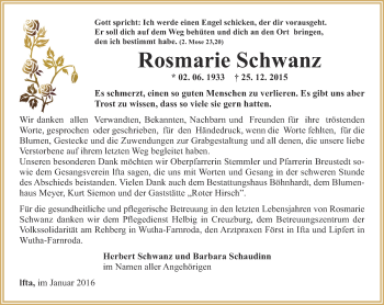 Traueranzeige von Rosmarie Schwanz von Thüringer Allgemeine, Thüringische Landeszeitung