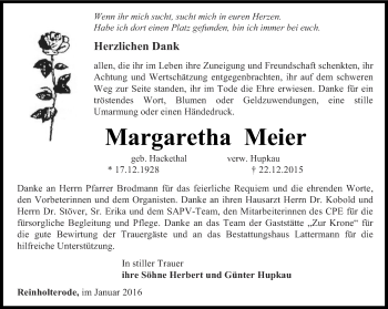 Traueranzeige von Margaretha Meier von Thüringer Allgemeine
