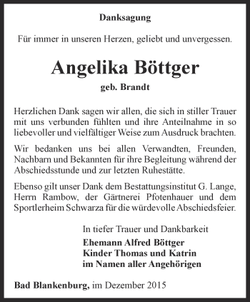 Traueranzeige von Angelika Böttger von Ostthüringer Zeitung