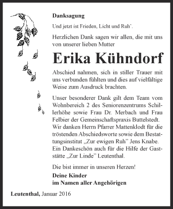 Traueranzeige von Erika Kühndorf von Thüringer Allgemeine, Thüringische Landeszeitung